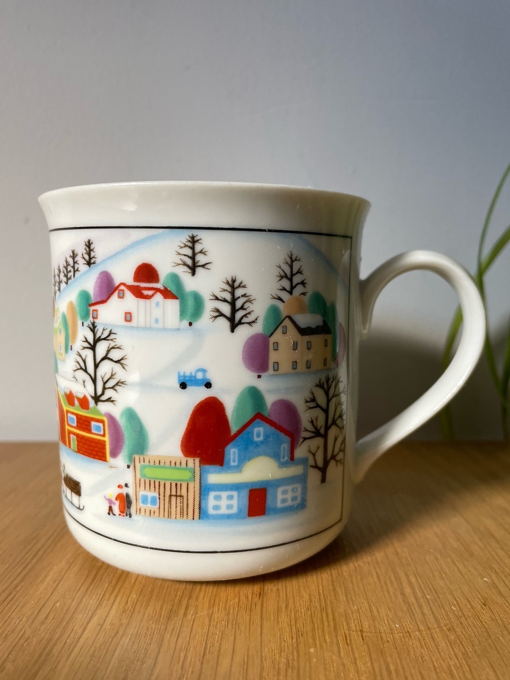 Vintage 1980s Folk Art Winter Village Ceramic Mug Made in Japan